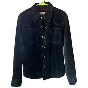Saguaro Western Black Suede Shirt Jacket w/ Whipstitched Edges Flannel Lined (M)
